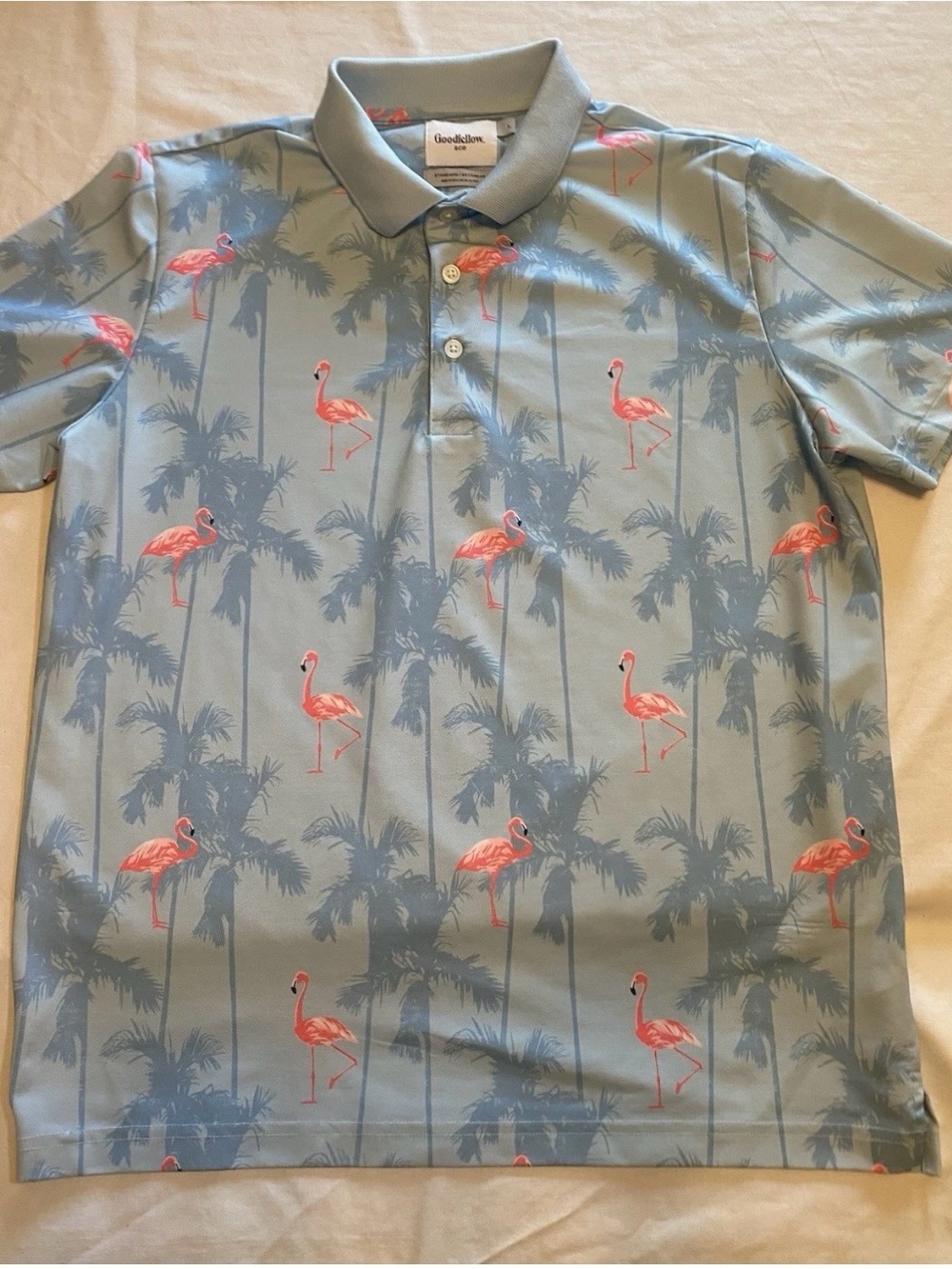 Goodfellow Polo Shirt Men's Large Blue Pink Flamingo Performance
Golf.  #0037